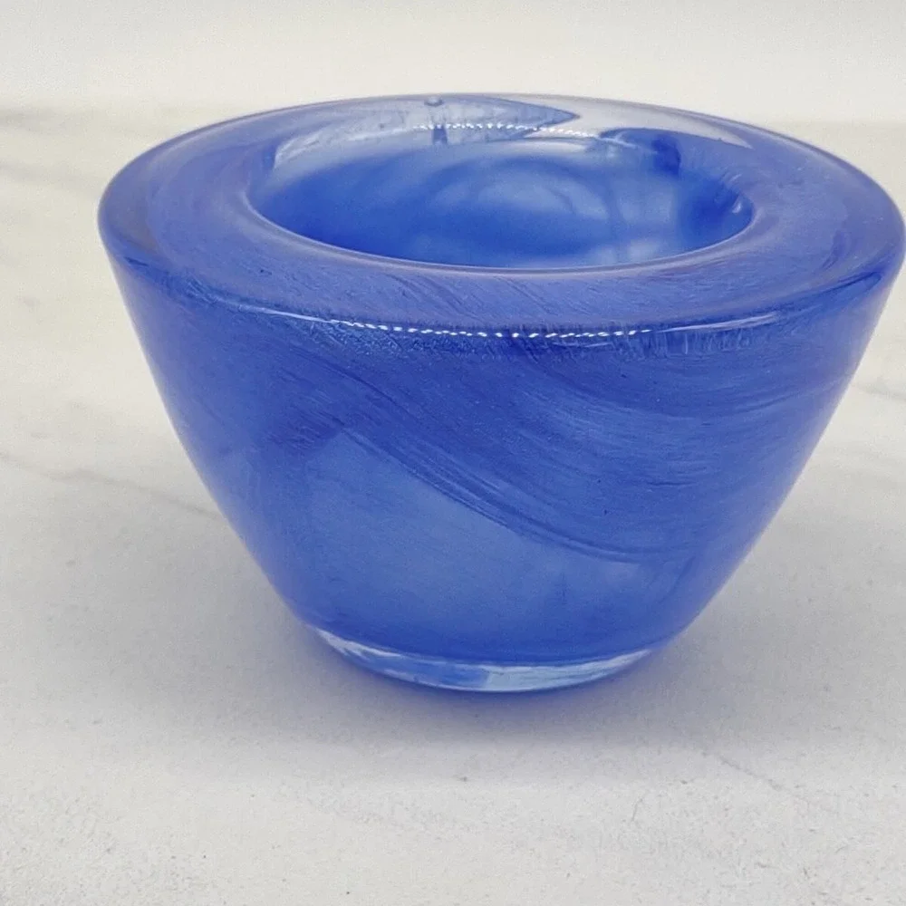 Hand Blown Cobalt Blue Swirl Art Glass Round Votive Candle Holder - Picture 6 of 14